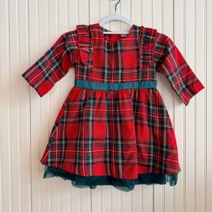 Girls Red Tartan Plaid Dress Long Sleeve Green Bow Tulle Size 100 3T 4T